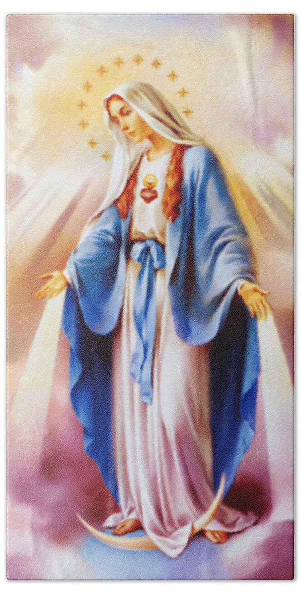 Catholic Hand Towel featuring the painting Virgin Mary colorful by Beltschazar