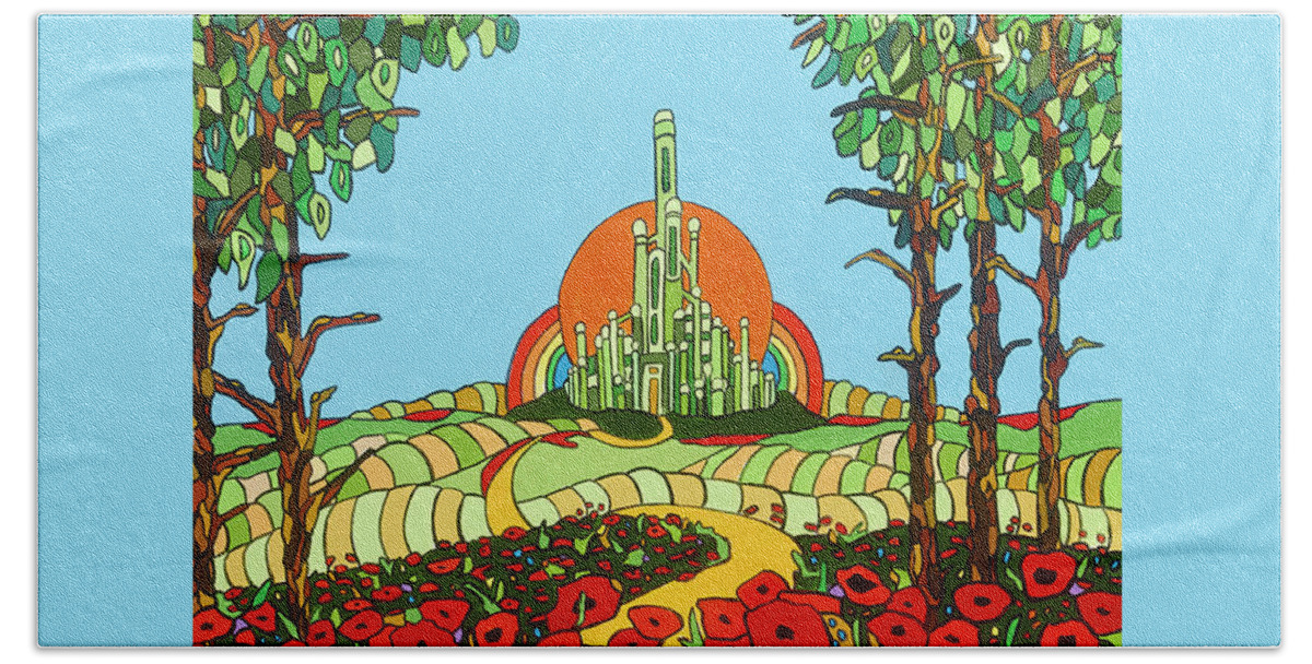 Wizard Of Oz Emerald City Off To See The Wizard Poppies Yellow Brick Road Bath Towel featuring the painting Visiting Oz by Mike Stanko