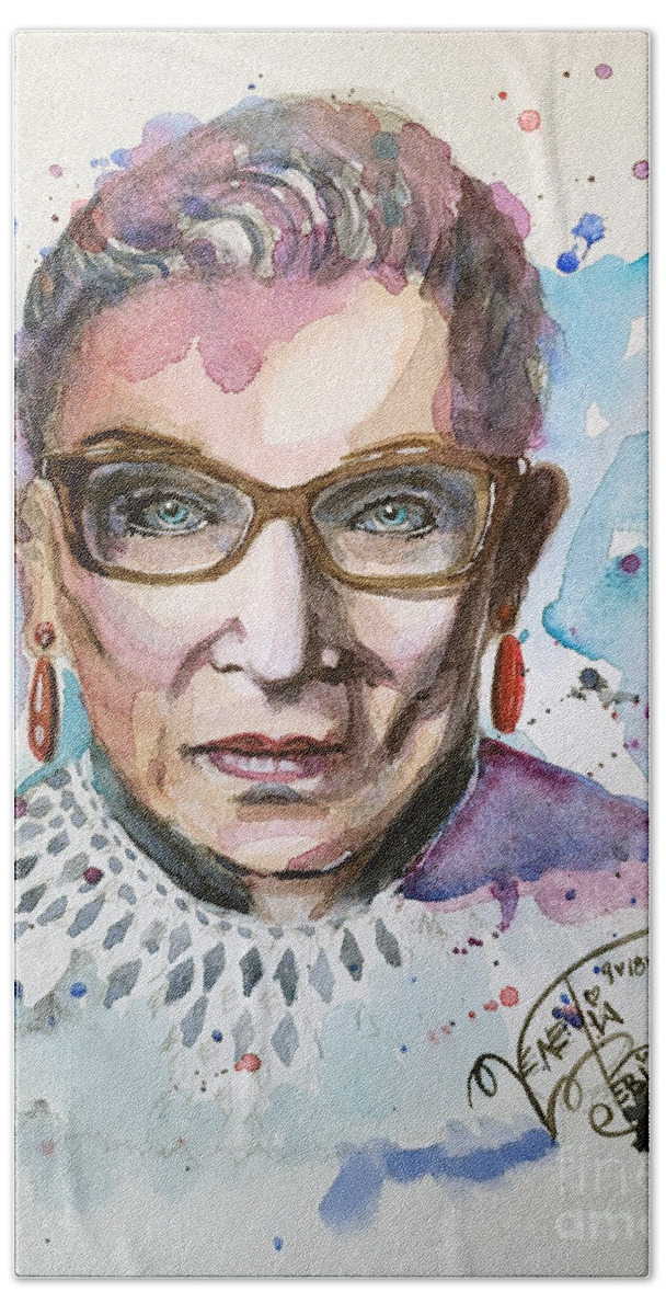 Portrait Hand Towel featuring the painting Voice of Reason - Tribute to RBG by Venetia Bebi