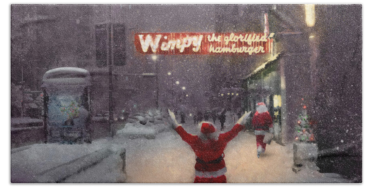 Chicago Loop Bath Towel featuring the digital art Volunteer Santas in Chicago find a Wimpy Grill for dinner by Glenn Galen
