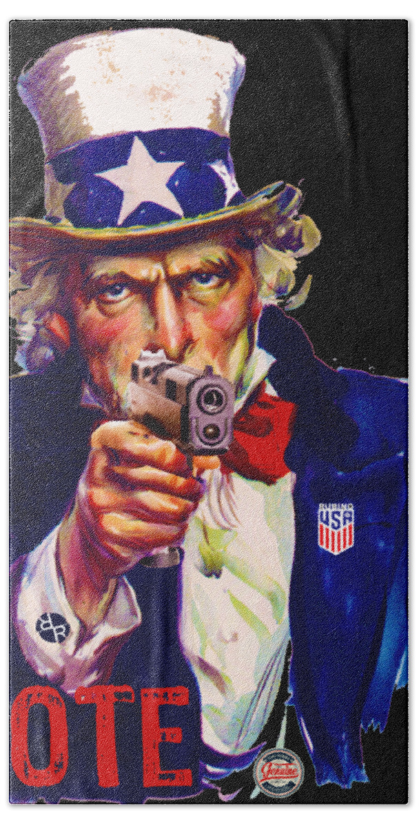 Liberty Bath Towel featuring the painting VOTE Uncle Sam With Gun USA by Tony Rubino
