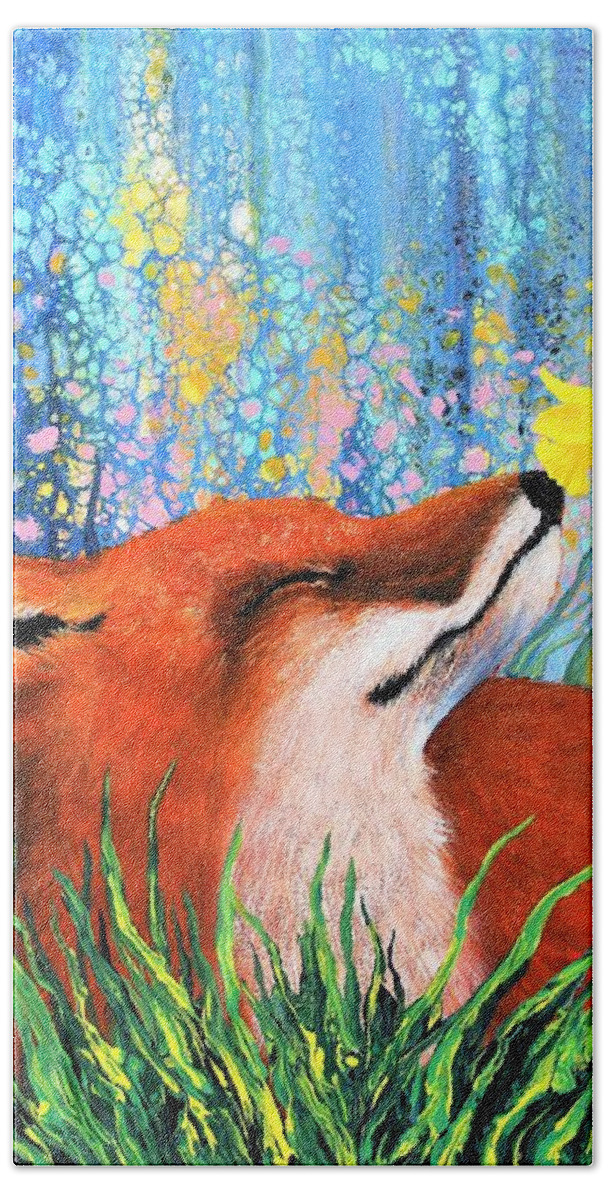 Wall Art Home Décor Vulpes Spring Red Fox Gift Idea Acrylic Painting Abstract Painting Flower Yellow Flower Yellow Daffodil Fox Spring Orange And Blue Color Hand Towel featuring the painting Vulpes Spring by Tanya Harr