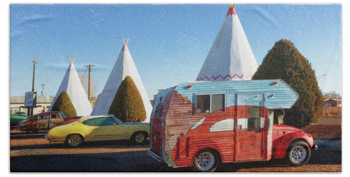 Route 66 Hand Towel featuring the photograph VW Super Bugger RV - Wigwam Motel - Route 66 by Susan Rissi Tregoning