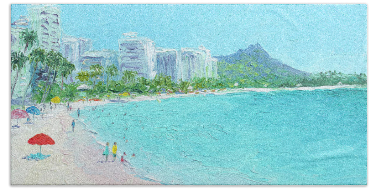Beach Bath Towel featuring the painting Waikiki beach Honolulu Hawaii, beach scene impression by Jan Matson