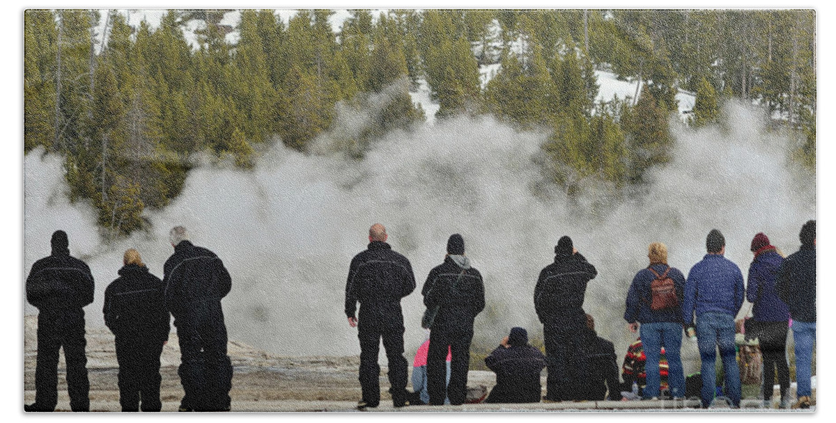 Yellowstone Bath Towel featuring the photograph Waitiing for Old Faithful by Kae Cheatham