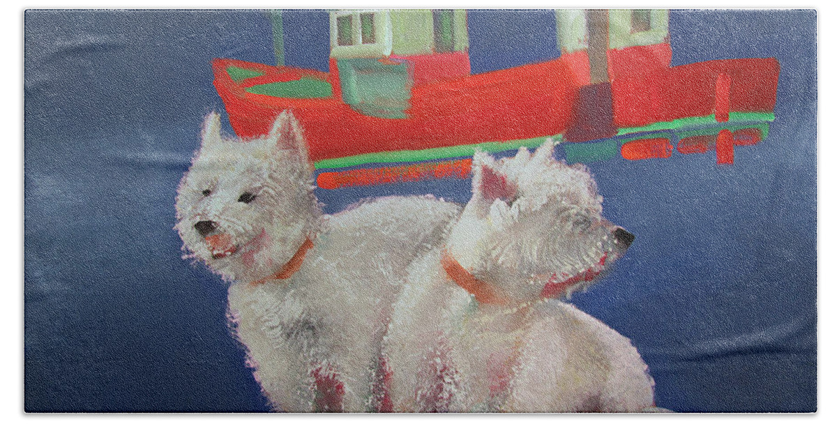White Terriers Bath Towel featuring the painting Walberswick Red Trawlers by Charles Stuart