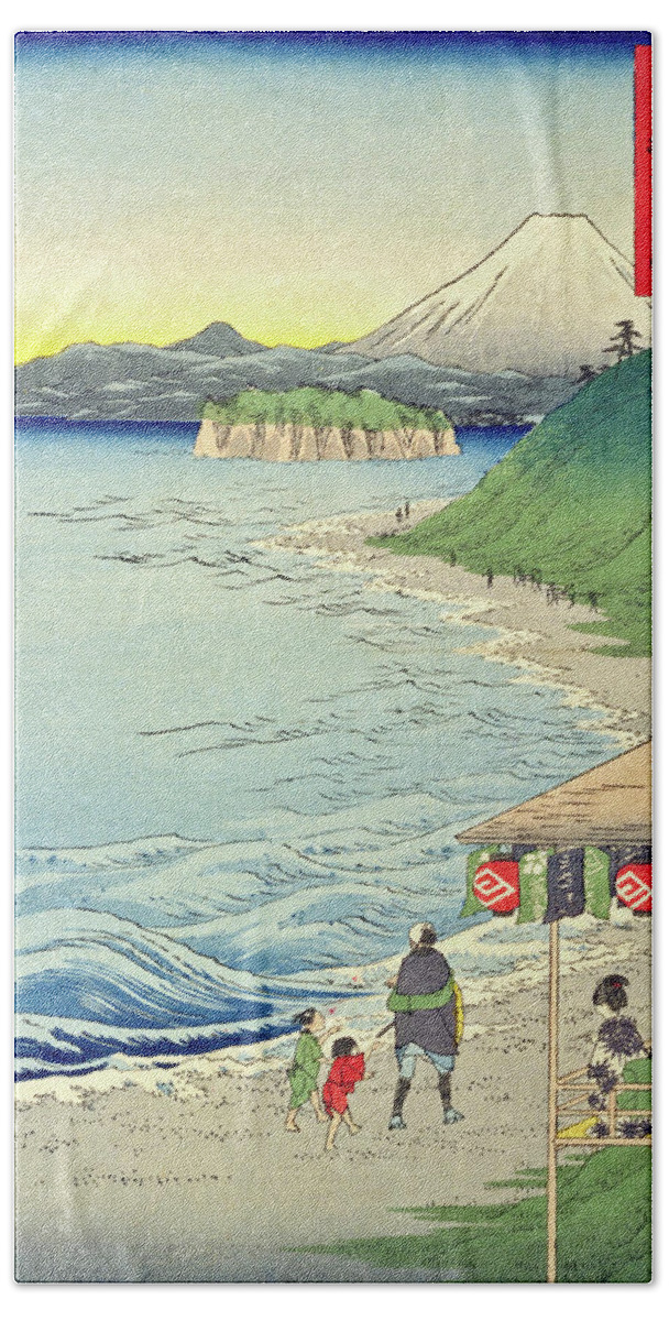 Japan Hand Towel featuring the digital art Walking on a Beach and Mount Fuji by Long Shot