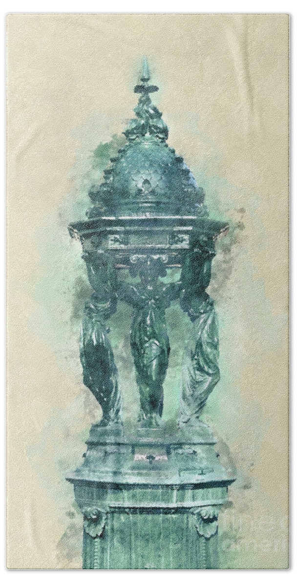 Paris Hand Towel featuring the painting Wallace fountain in Paris by Delphimages Paris Photography