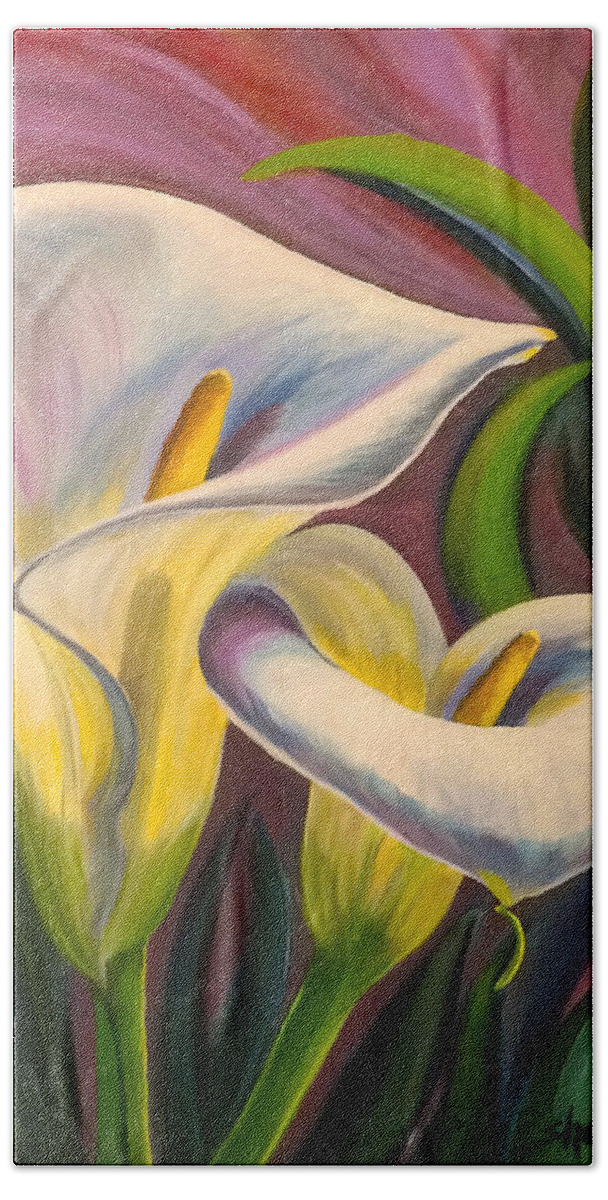 Oil Painting Bath Towel featuring the painting Waltzing Calla Lilies by Sherrell Rodgers