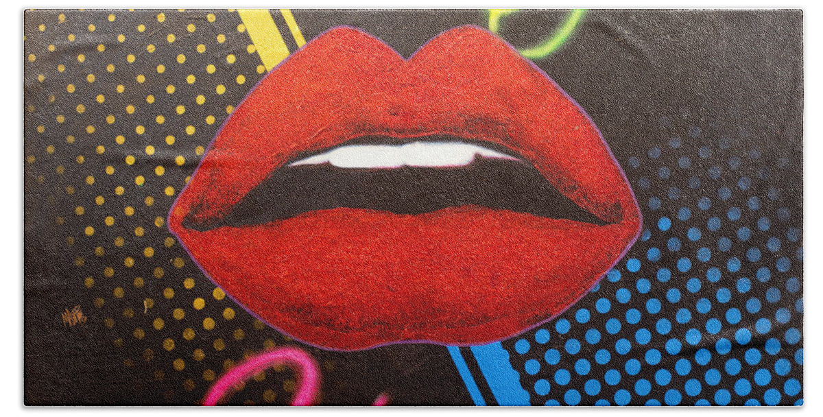 Lips Hand Towel featuring the painting Wanting You with Roy Lichtenstein Ben Day dots by Michael Andrew Law Cheuk Yui