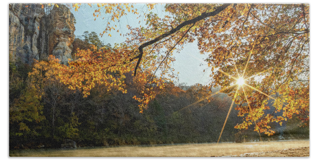 Buffalo River Hand Towel featuring the photograph Warm Autumn Sunrise Along Roark Bluff - Arkansas Ozarks by Gregory Ballos