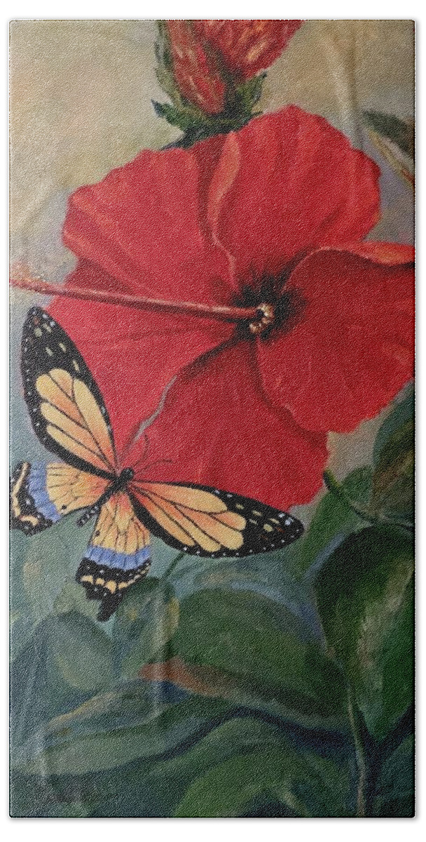 Hibiscus Hand Towel featuring the painting Friendly Encounter by Jane Ricker