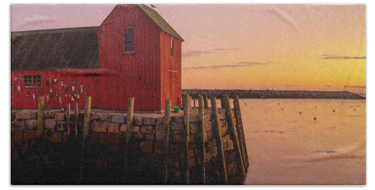 Motif 1 Hand Towel featuring the photograph Warm Sunrise at Motif #1 in Rockport Harbor by Gregory Ballos