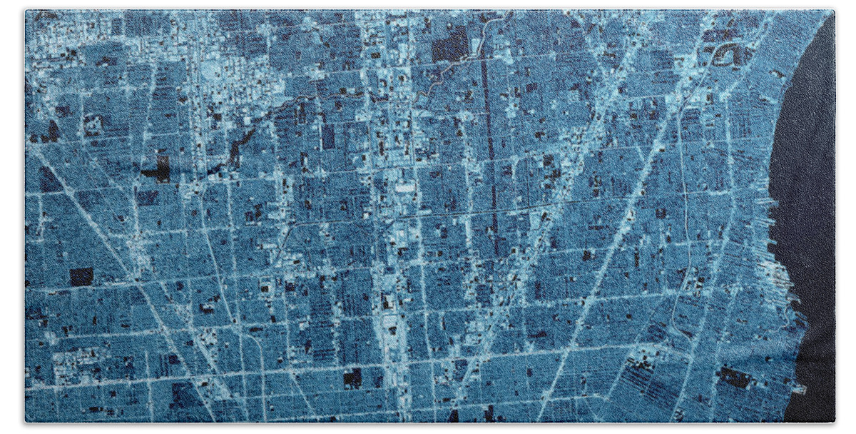 Warren Hand Towel featuring the digital art Warren Michigan 3D Render Map Blue Top View May 2019 by Frank Ramspott