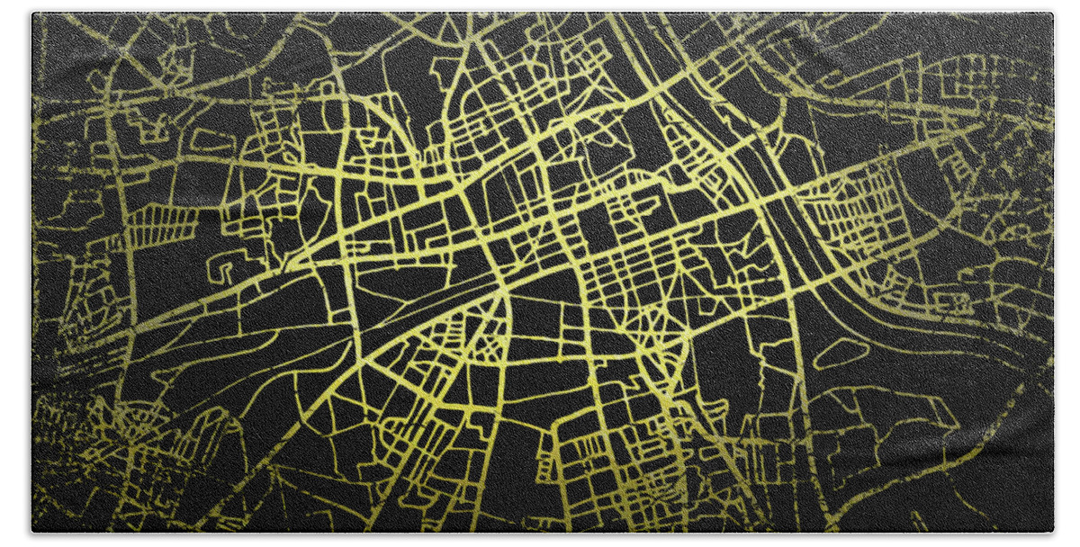 Map Bath Towel featuring the digital art Warsaw Map in Gold and Black by Sambel Pedes