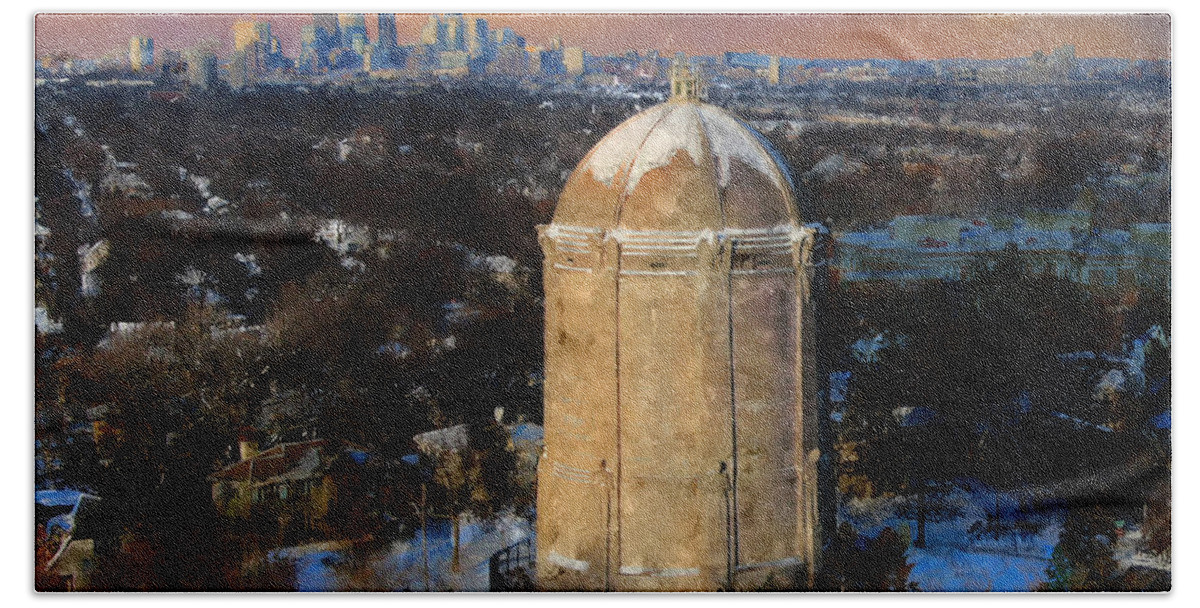 Minneapolis Bath Towel featuring the digital art Washburn Water Tower at Sunset by Glenn Galen