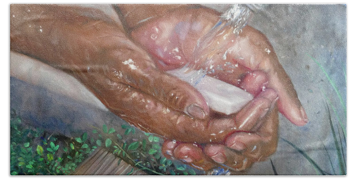 Hand Washing Hand Towel featuring the painting Washing Hands by Jonathan Gladding
