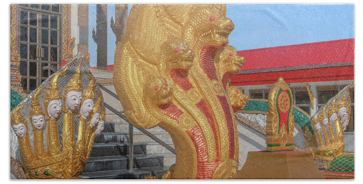 Scenic Bath Towel featuring the photograph Wat Sakae Phra Ubosot Makara and Naga Guardians DTHNR0144 by Gerry Gantt