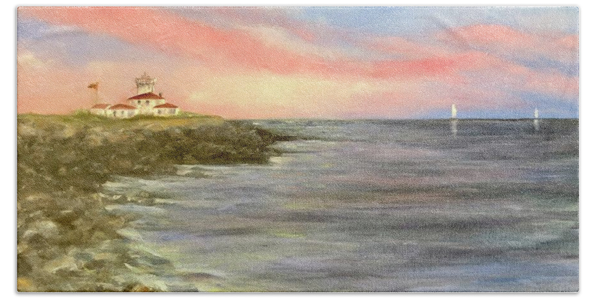 Watch Hill Paintings Bath Towel featuring the painting Watch Hill Light House by Anne Barberi