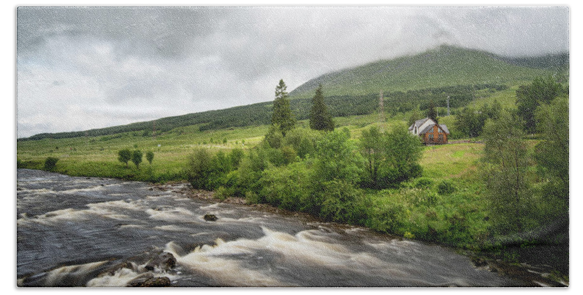 Bridge Of Orchy Bath Towel featuring the photograph Water flowing in the river. River Orchy Highlands of Scotland by Michalakis Ppalis