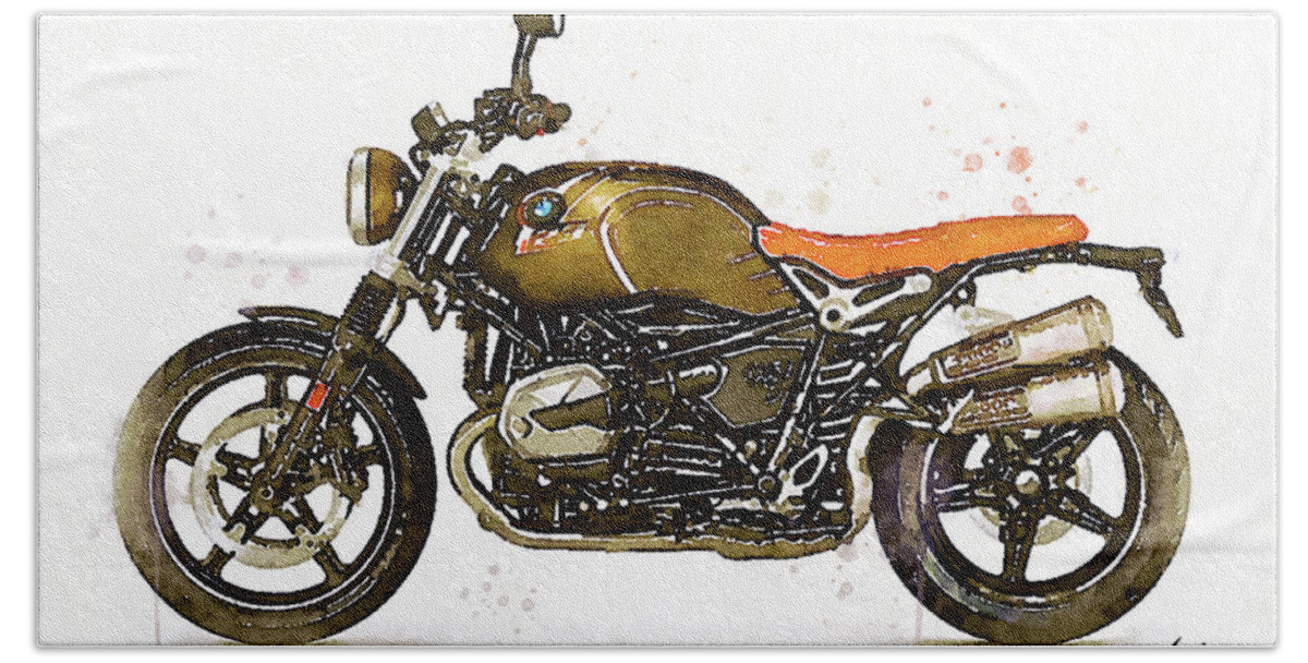 Motorbike Paitning Bath Towel featuring the painting Watercolor BMW NineT SCRAMBLER motorcycle - oryginal artwork by Vart. by Vart