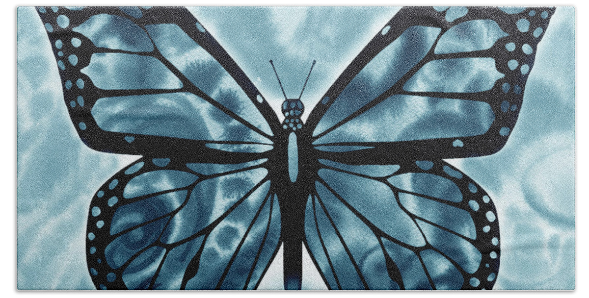 Butterflies Bath Towel featuring the painting Watercolor Butterfly In Teal Blue Sky VIII by Irina Sztukowski