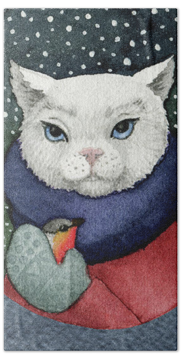Cat Hand Towel featuring the painting Watercolor Cat Winter Christmas Holiday by Modern Art