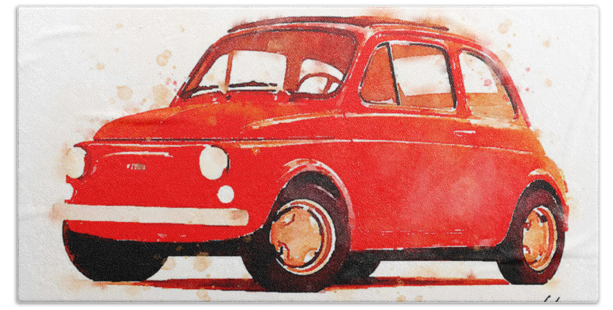 Watercolor Bath Towel featuring the painting Watercolor classic Fiat 500 by Vart by Vart