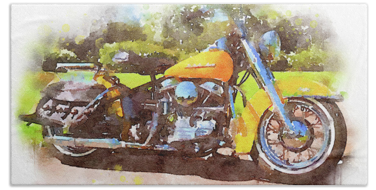 Art Bath Towel featuring the painting Watercolor Classic Harley-Davidson Panhead by Vart. by Vart