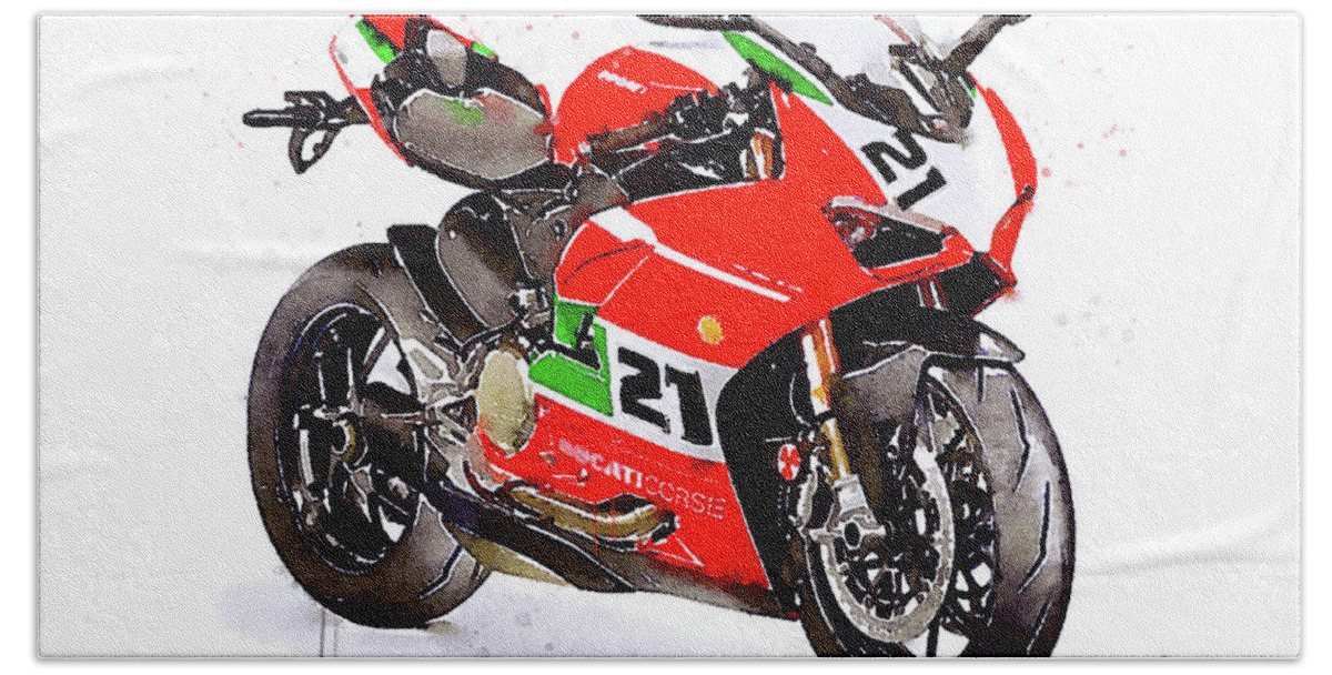 Sport Bath Towel featuring the painting Watercolor Ducati Panigale V2 Bayliss motorcycle, oryginal artwork by Vart. by Vart Studio