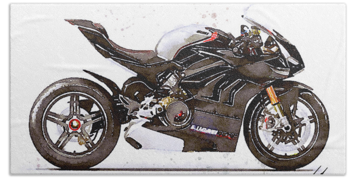 Sport Bath Towel featuring the painting Watercolor Ducati Panigale V4SP 2022 motorcycle, oryginal artwork b by Vart Studio
