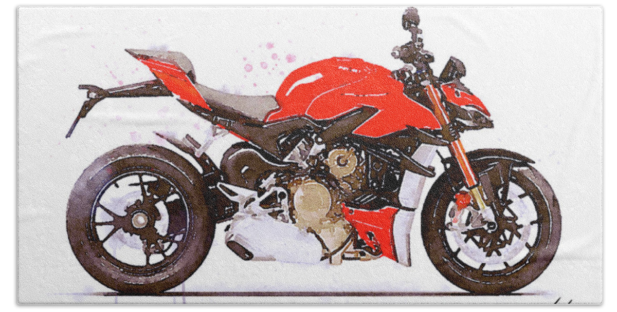 Motorcycle Bath Towel featuring the painting Watercolor Ducati Streetfighter motorcycle - oryginal artwork by Vart. by Vart