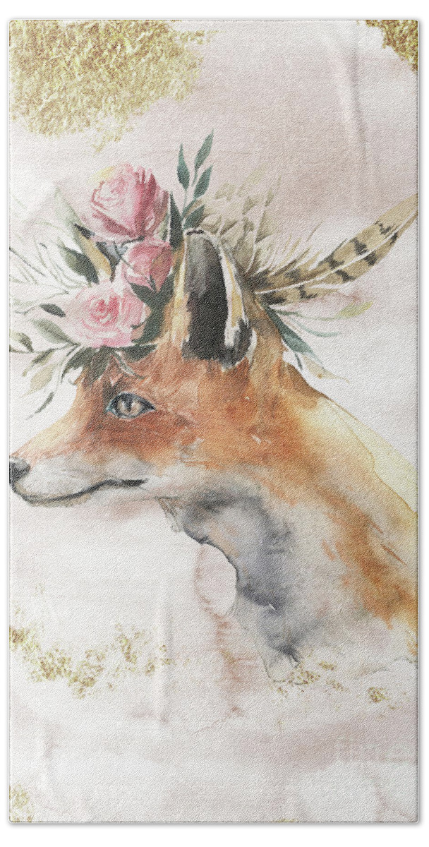 Watercolor Fox Bath Towel featuring the painting Watercolor Fox With Flowers And Gold by Garden Of Delights