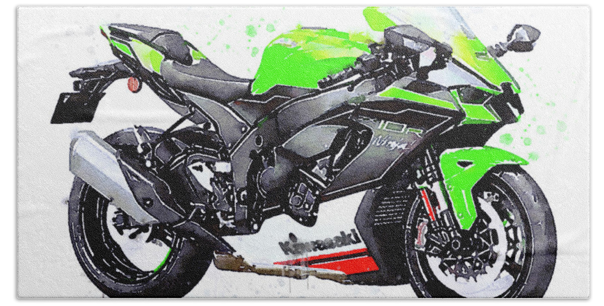 Sport Bath Towel featuring the painting Watercolor Kawasaki Ninja ZX10R motorcycle - oryginal artwork by Va by Vart Studio
