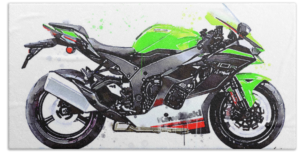 Sport Bath Towel featuring the painting Watercolor Kawasaki Ninja ZX10R motorcycle - oryginal artwork by Vart. by Vart Studio