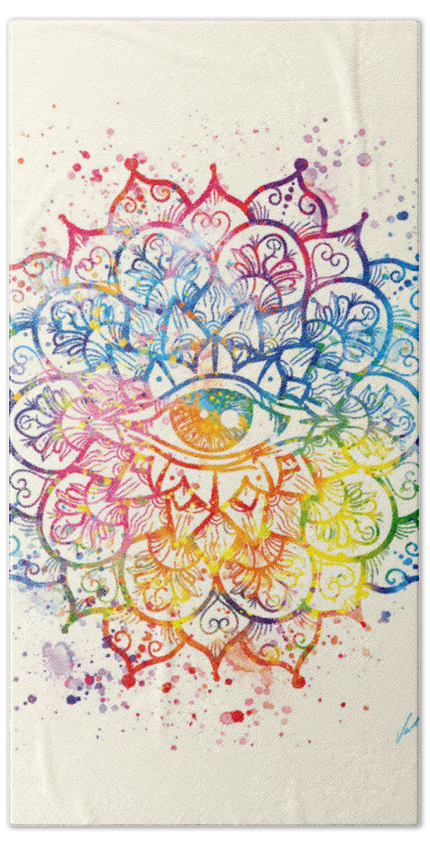 Watercolor Bath Towel featuring the painting Watercolor mandala, EYE of CONSCIOUSNESS by Vart by Vart