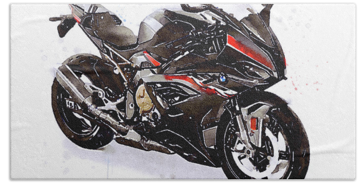 Sport Bath Towel featuring the painting Watercolor Motorcycle BMW S1000RR black 2022 - original artwork by Vart. by Vart Studio