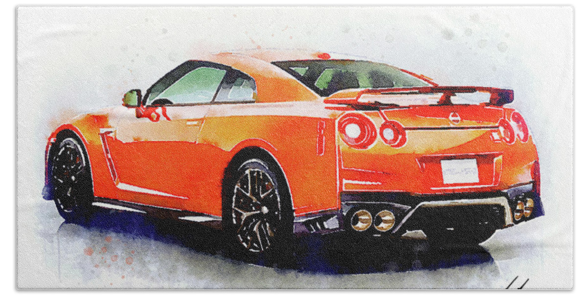 Watercolor Bath Towel featuring the painting Watercolor Nissan GT-R - oryginal artwork by Vart. by Vart