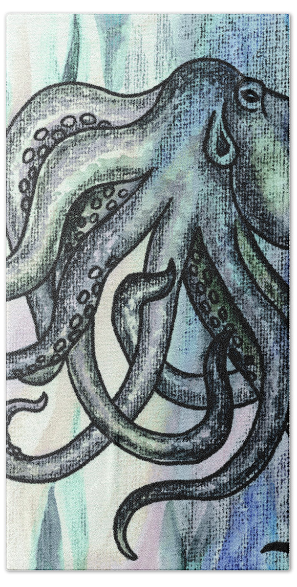 Octopus Bath Towel featuring the painting Watercolor Octopus Beach Art Teal Blue Sea Creature by Irina Sztukowski