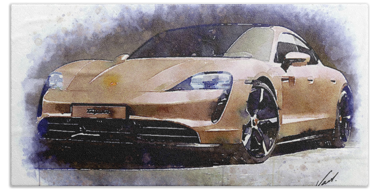 Watercolor Hand Towel featuring the painting Watercolor Porsche Taycan - oryginal artwork by Vart. by Vart Studio