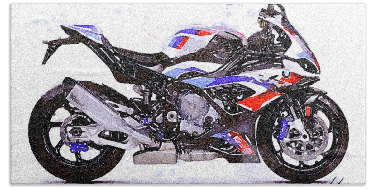 Sport Hand Towel featuring the painting Watercolor Sport Motorcycle BMW S1000RR - original artwork by Vart. by Vart Studio