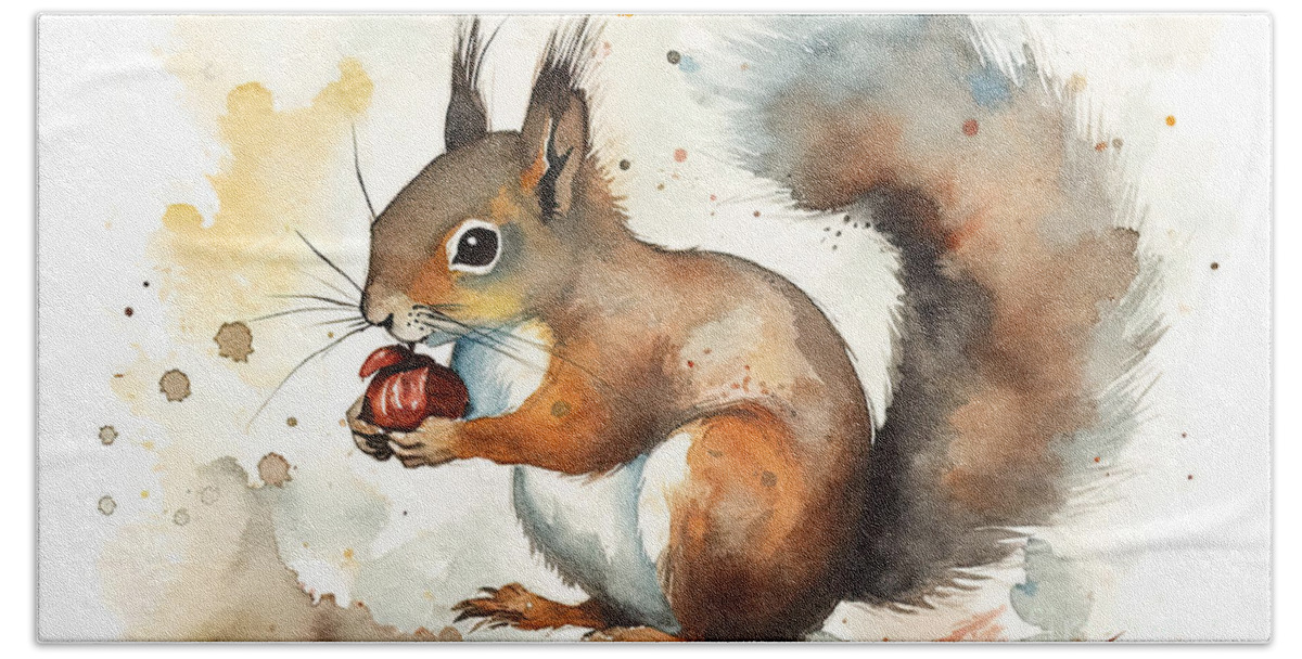 Squirrel Hand Towel featuring the painting Watercolor squirrel. by N Akkash