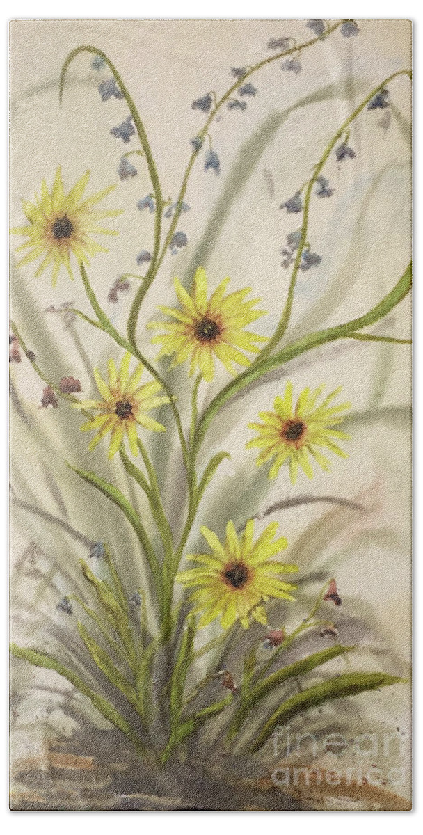 Flower Hand Towel featuring the painting Wild Daisies and Blue Bells by Catherine Ludwig Donleycott