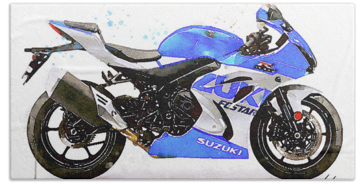 Sport Bath Towel featuring the painting Watercolor Suzuki GSX-R 1000 motorcycle - oryginal artwork by Vart. by Vart Studio