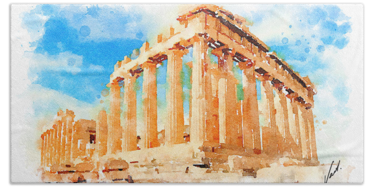 Vart Bath Towel featuring the painting Watercolor. The Parthenon, Greece by Vart by Vart