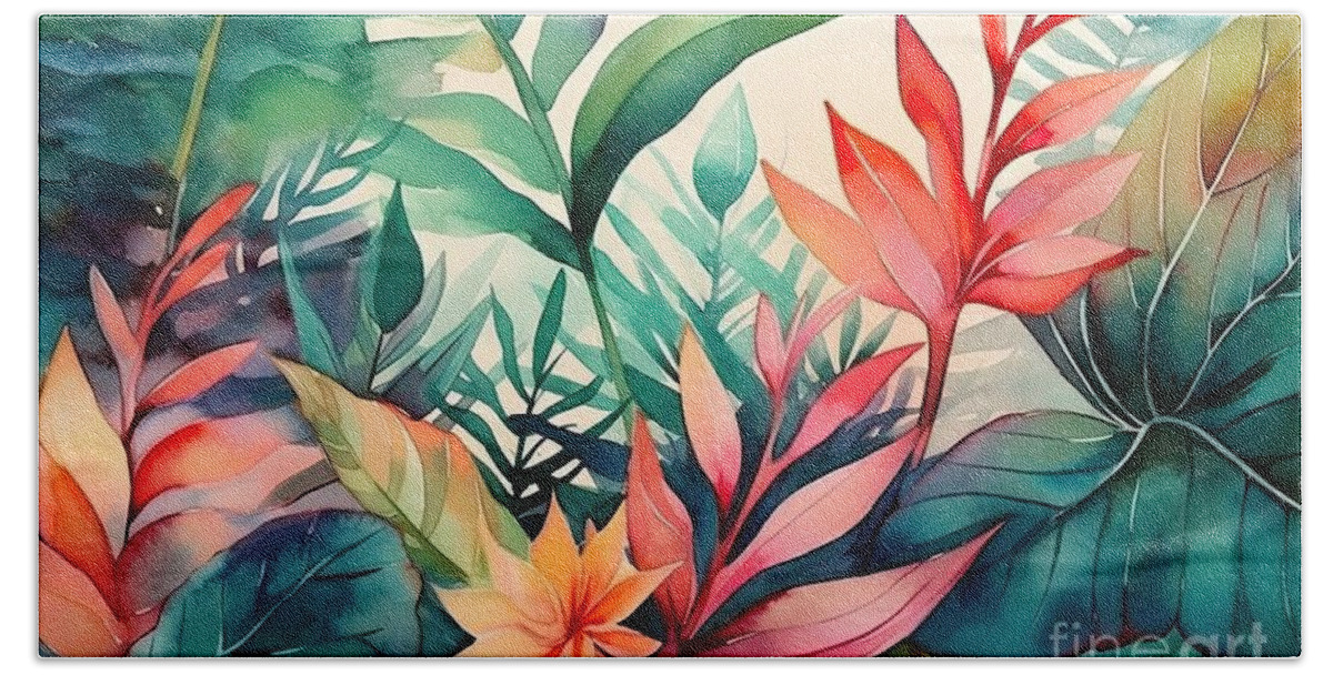 Hawaiian Bath Towel featuring the painting Watercolor tropical background with different palm and monstera leaves in bright colors. by N Akkash