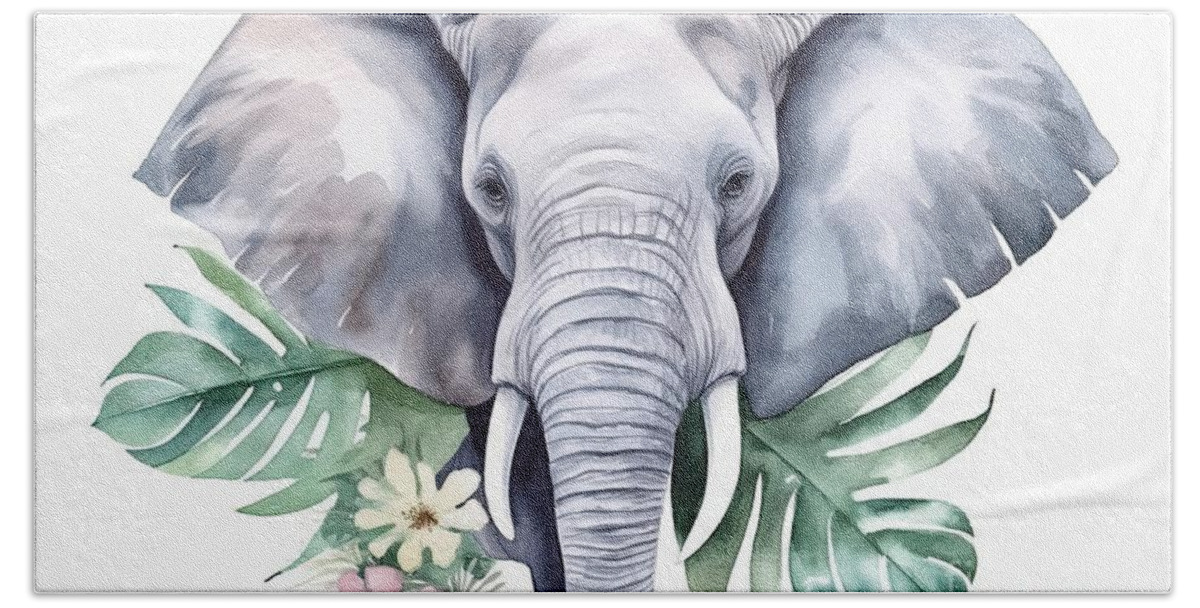 Elephant Hand Towel featuring the painting Watercolour elephant head isolated on white with green tropical leaves. Watercolor animal illustration. by N Akkash