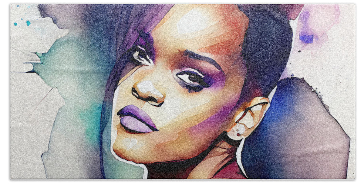 Rihanna Hand Towel featuring the mixed media Watercolour Of Rihanna by Smart Aviation