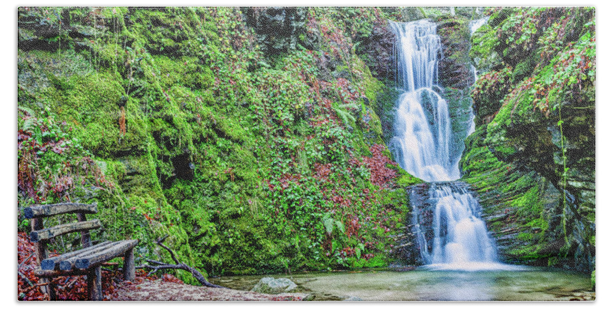 Waterfall Bath Towel featuring the photograph Waterfall at Elatochori Pierias by Alexios Ntounas