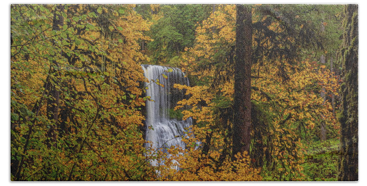 Fall Colors Hand Towel featuring the photograph Waterfall in the forest by Ulrich Burkhalter